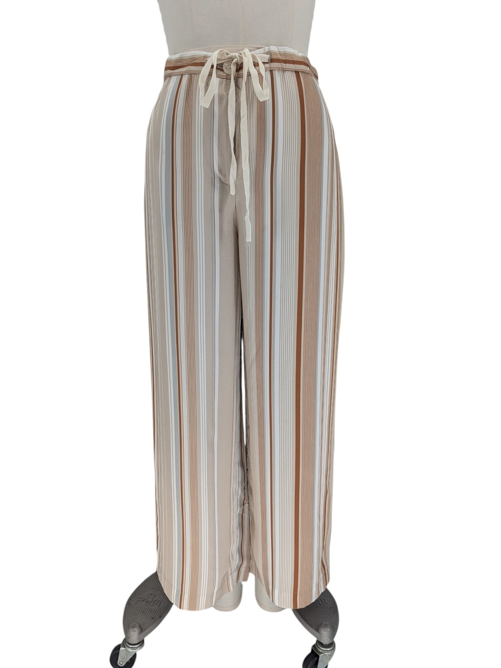00109 Theory Stella Twill Striped Satin Wide Leg Pant Brown Tan size 4 preppy